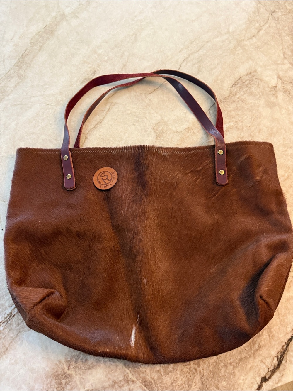 Saddle Road Co Genuine Cowhide Leather Tote Bag Brown Western Large